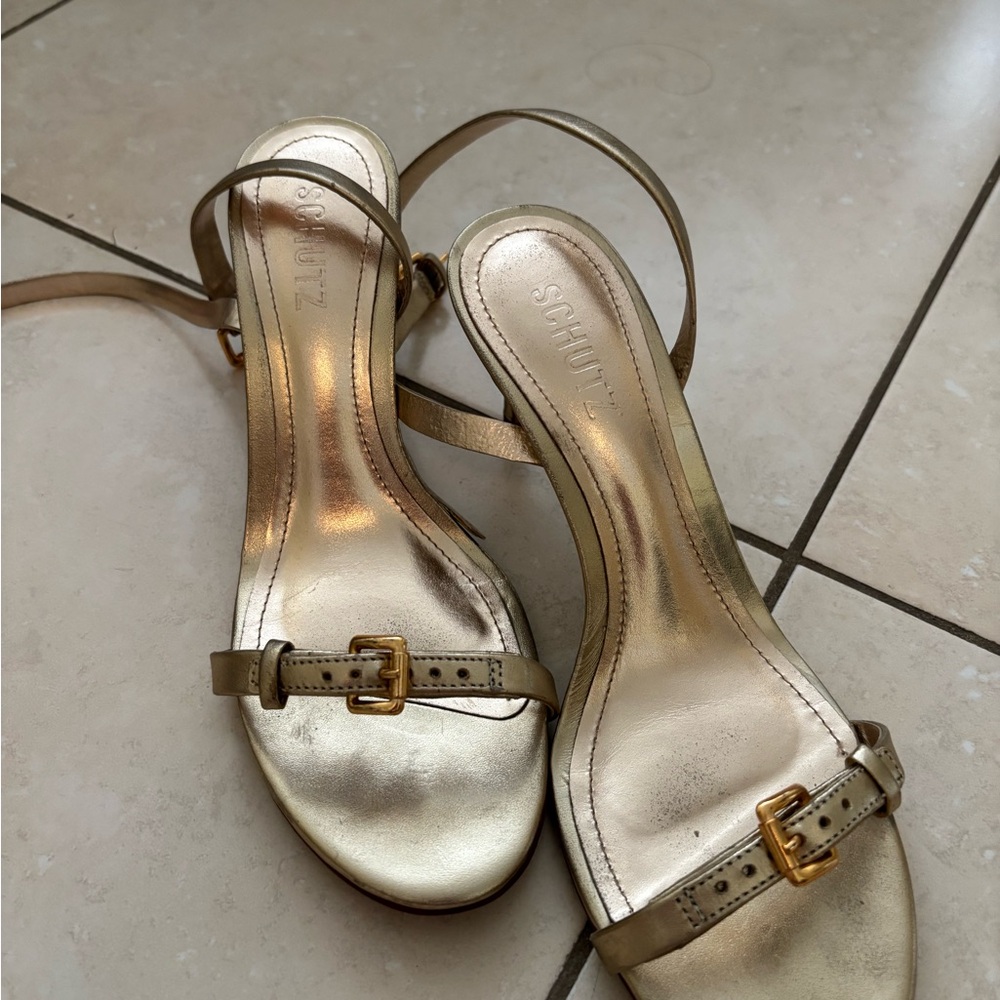 SCHUTZ Metallic Gold Strappy Buckle Heels